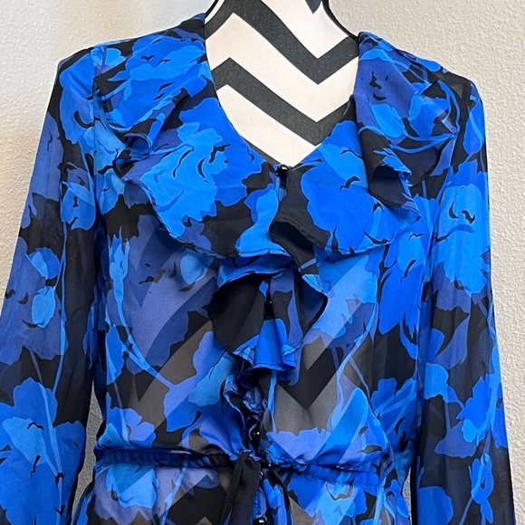 Caché Sheer Dark Floral Ruffle Career Sz S Button Down Front Blouse - Picture 4 of 11